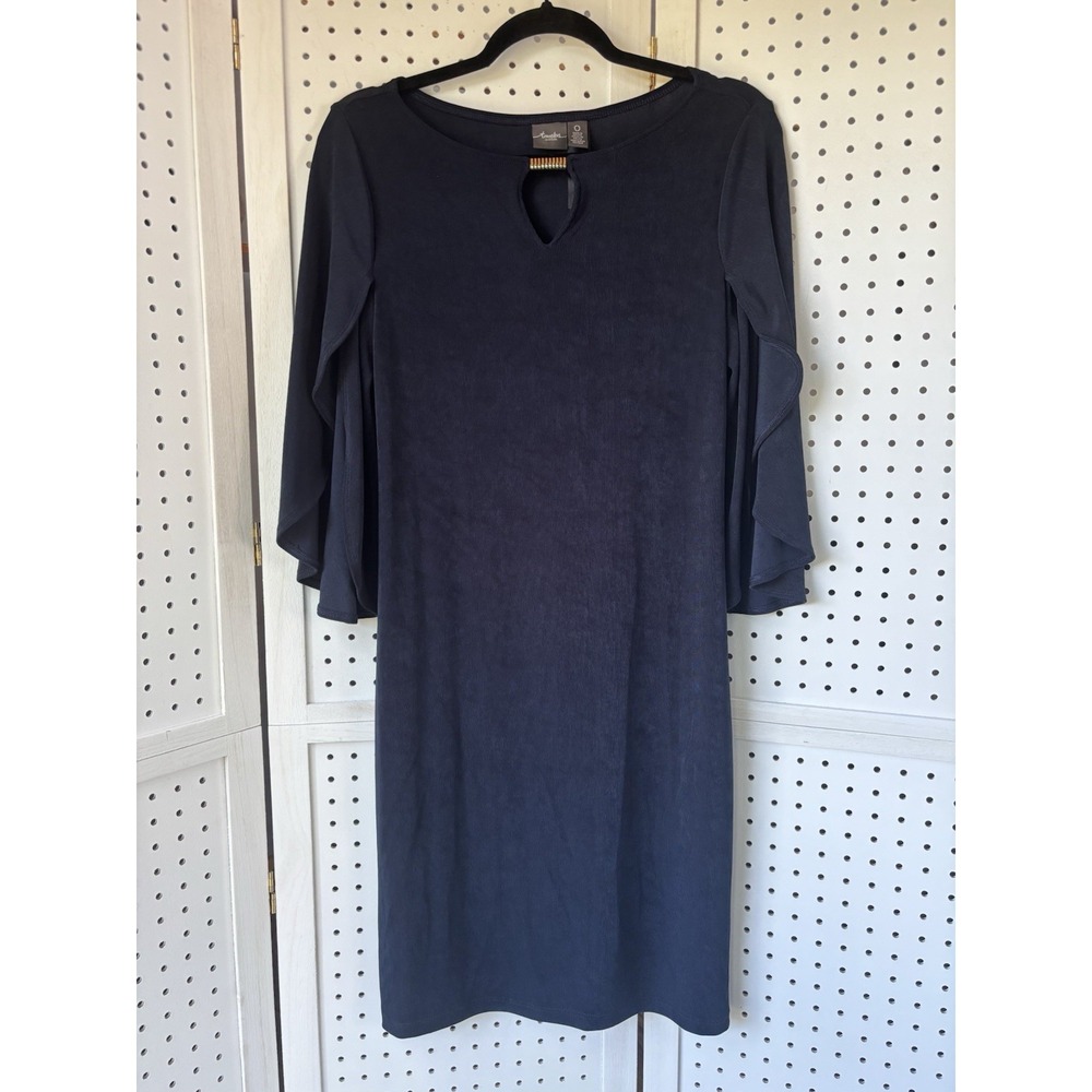 Travelers by Chico's 0 (Size 4) Knee Dress Navy Blue Split Sleeve Slinky Keyhole